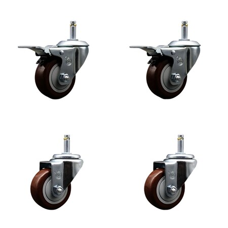 Service Caster 3'' Maroon Poly Wheel Swivel 7/16'' Stem Caster Set 2 Total Lock Brake, 4PK SCC-GRTTL20S314-PPUB-MRN-716138-2-S2